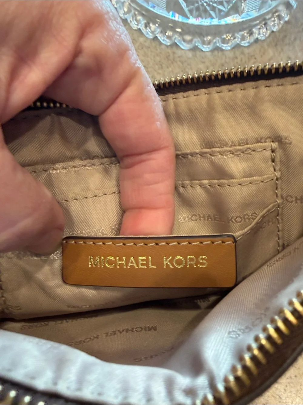 Michael Kors brown Signature Logo Zip Pouch 3 card slots, no strap, gold